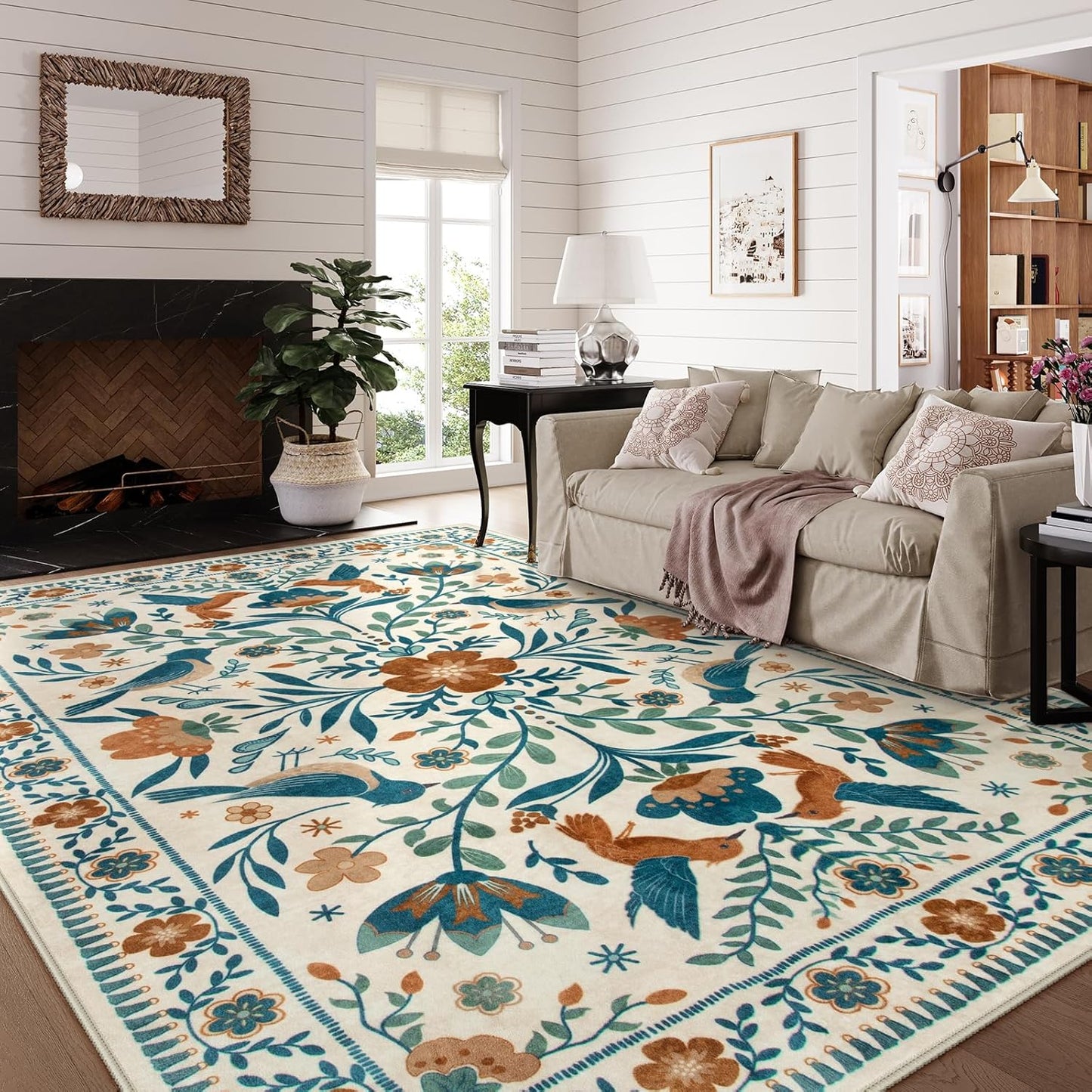Morebes Floral 9x12 Area Rug for Living Room, Washable Large Rug for Bedroom Non Slip, Soft Boho Vintage Flower Birds Distressed Throw Carpet for Dinning Room Playroom, Beige/Multi