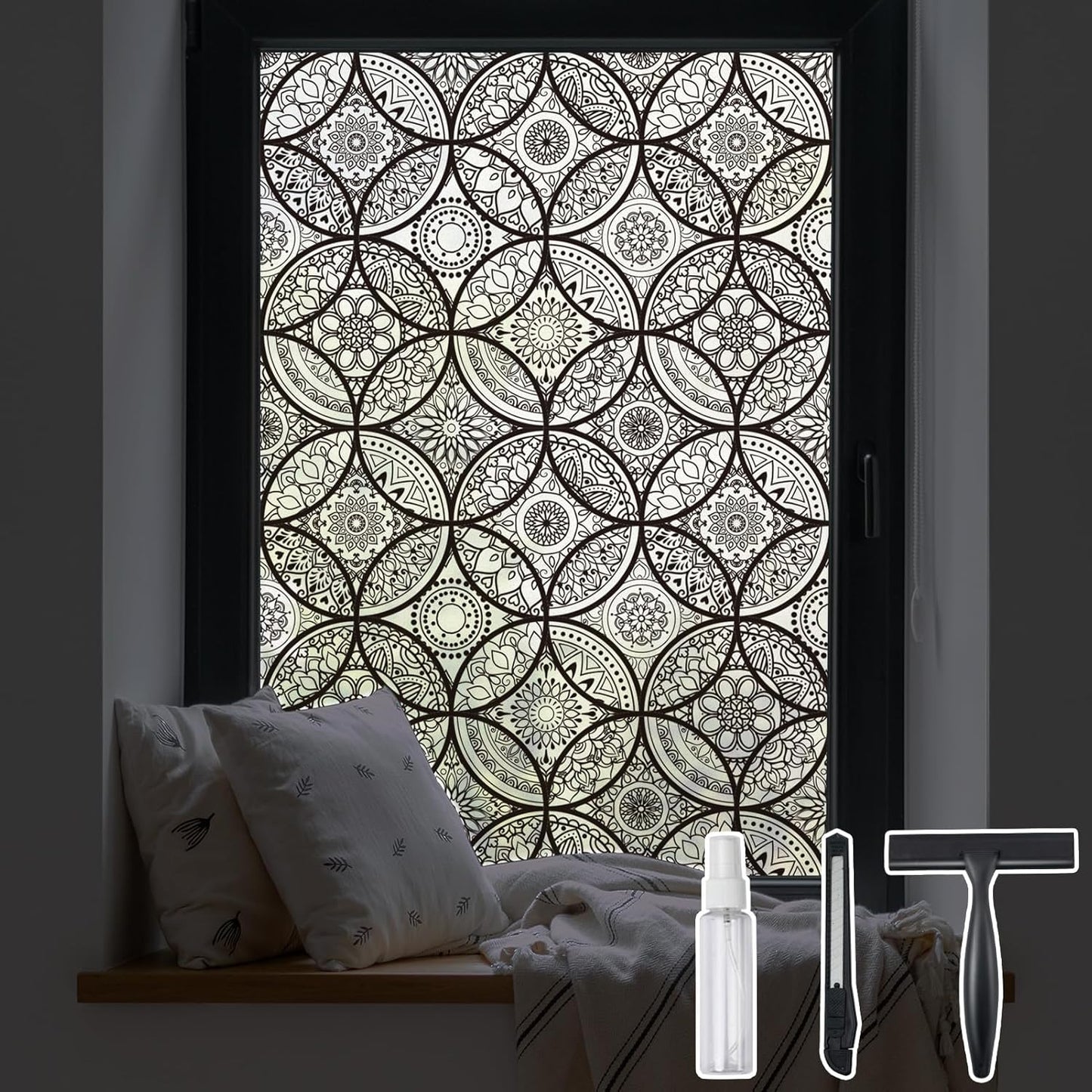 DKTIE Boho Stained Glass Look Window Privacy Film with Installation Tools, Decorative Frosted Glass Window Film Static Cling No Glue Removable, Pure Black, 35.4" x 78.7"
