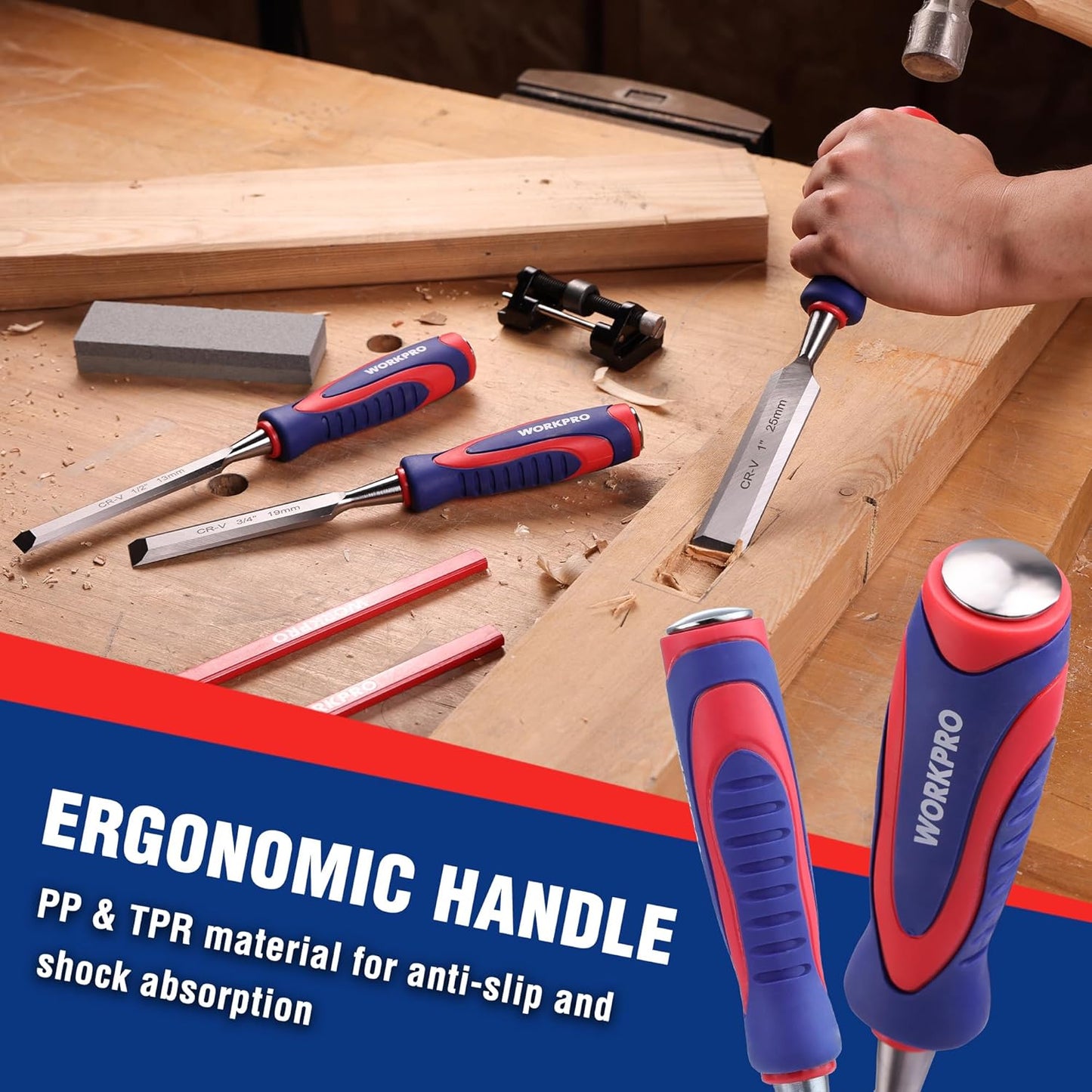 WORKPRO 10-Piece Wood Chisel Set for Woodworking, Cr-V Bevel Edge Chisels (1/4", 1/2", 3/4", 1", 1-1/4", 1-1/2") with Sharpening Stone, Honing Guide, Carpenter Pencils & Storage Case