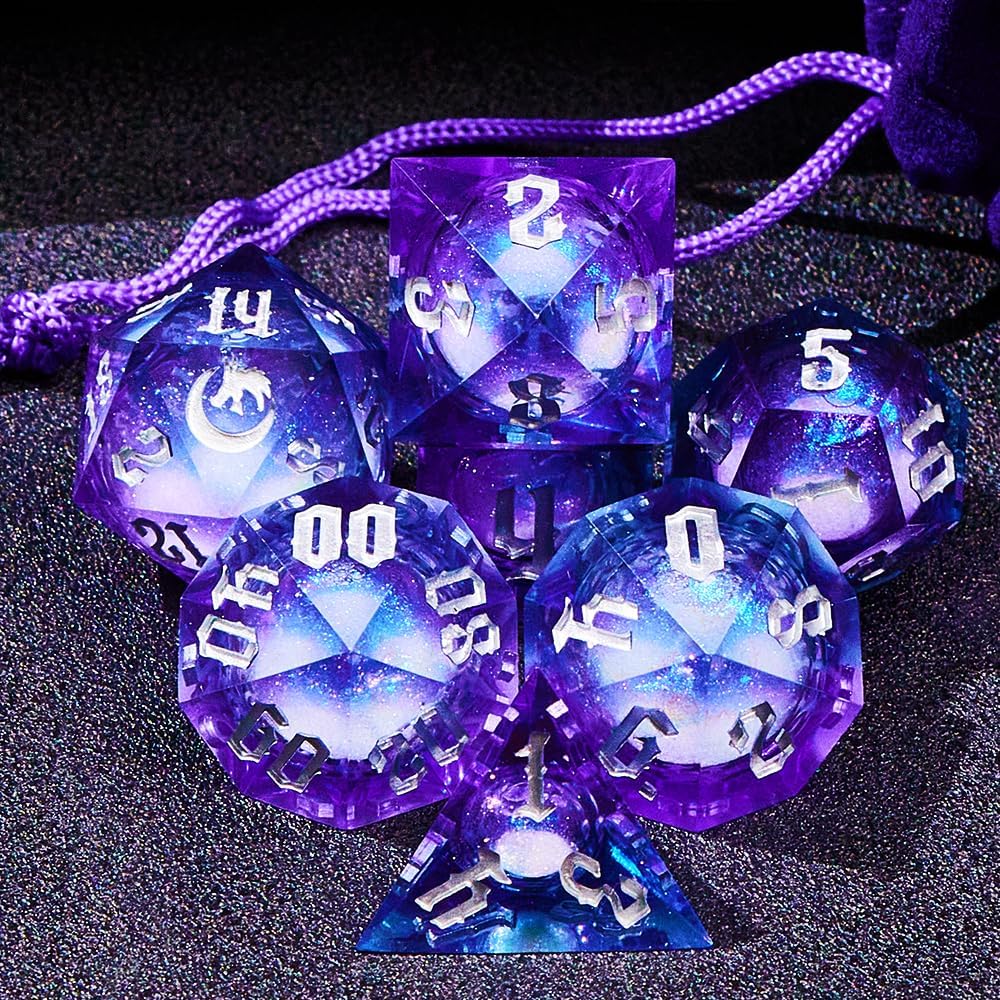 Dark Moon Liquid Core DND Dice Set for Role Playing Games, Polyhedral Dungeons and Dragons Dice Set with Gift Box, Full Liquid Core Resin Sharp Edge D&D Dice Set (InkBlueDice)