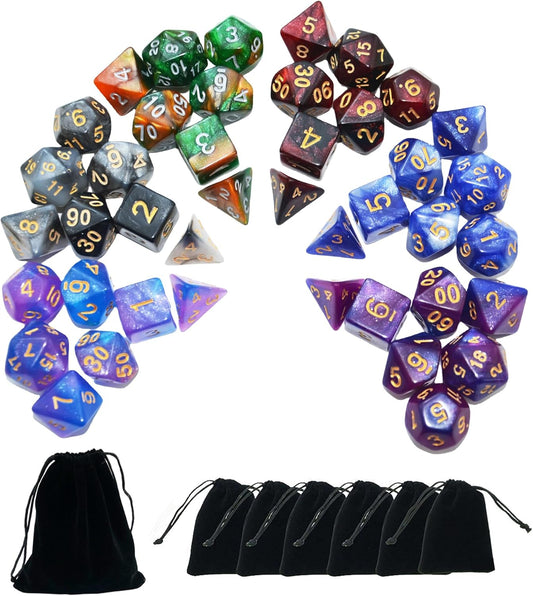 SmartDealsPro 6 x 7 Sets (42 pcs) Glitter Polyhedral Dice Sets with Pouches for DND RPG MTG Dungeon and Dragons Table Board Roll Playing Games D4 D8 D10 D12 D20 (Color 2)