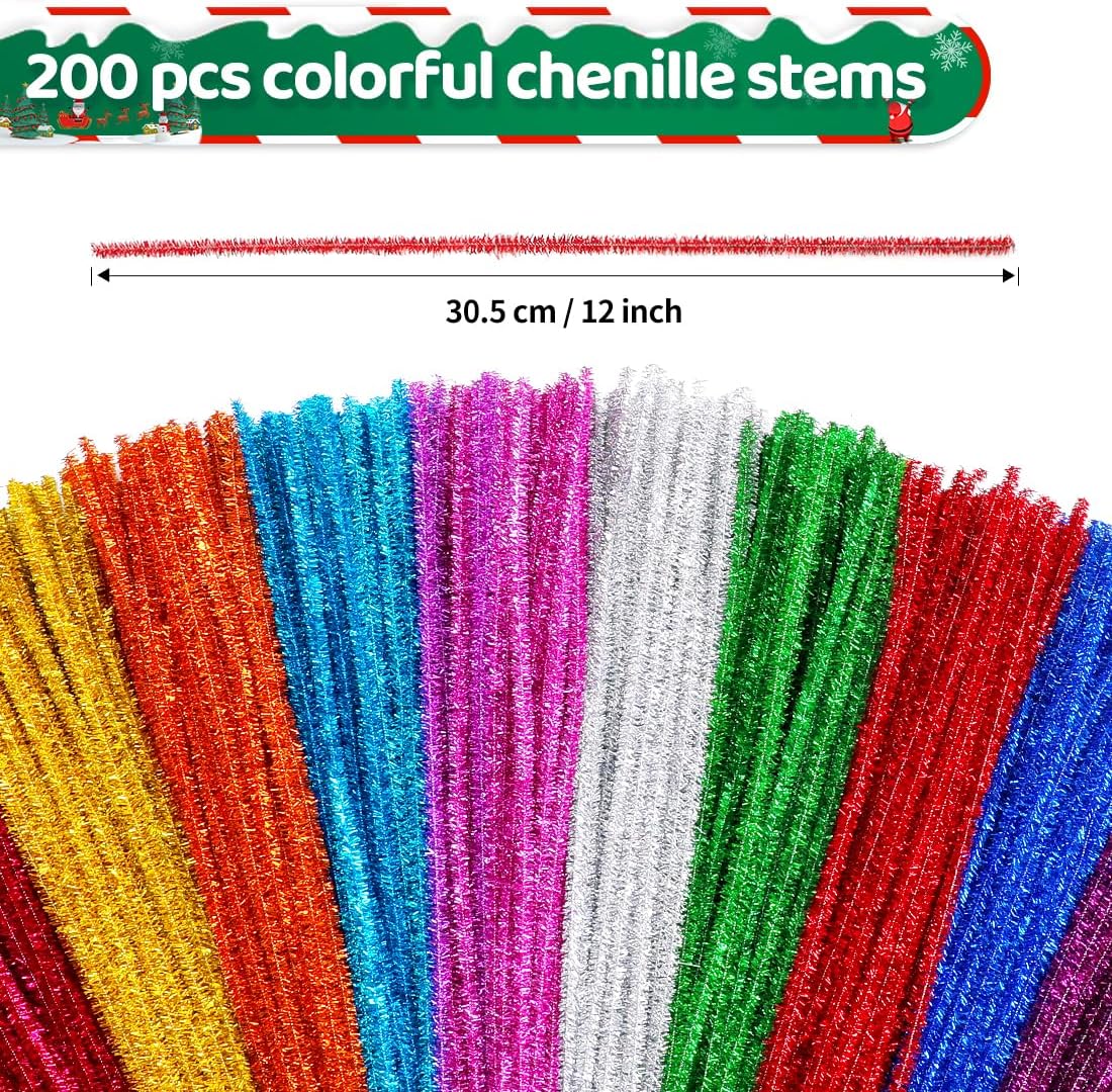 Eppingwin 200pcs Pipe Cleaners, Glitter Pipe Cleaners Craft Supplies, 10 Colors Chenille Stems for DIY Arts Crafts Project