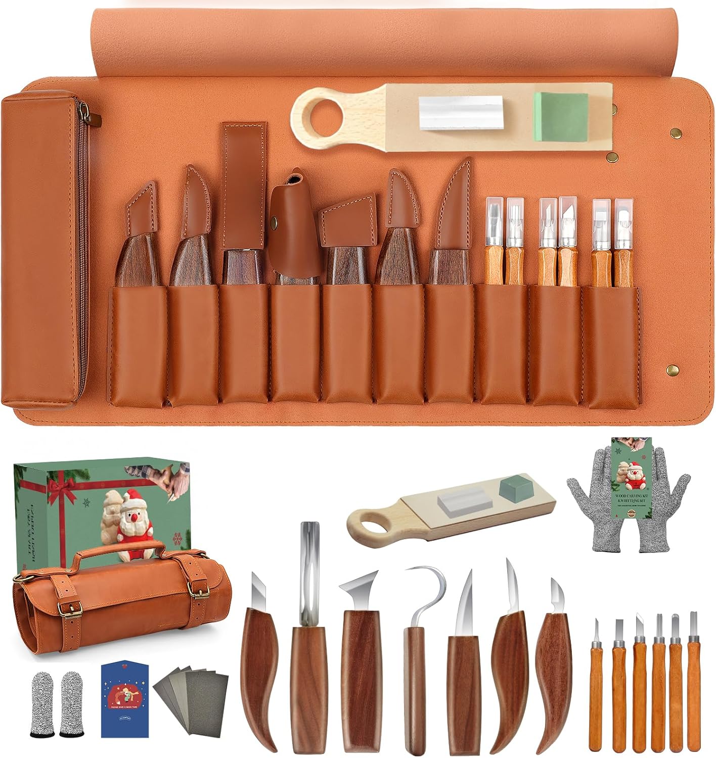 COZYGIFT Wood Carving Kit for Adults & Beginners - 29-Piece Professional Set with Leather Tool Roll, 7 Whittling Knives + 6 Detail Gouges, Splinter-Free Wooden Handles for Woodworking & DIY Gifts