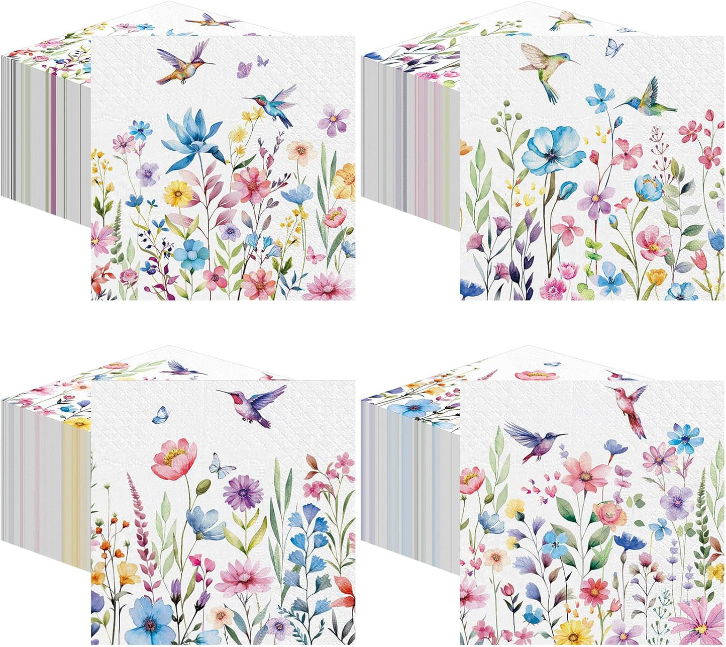 Fulmoon 200 Pieces Summer Floral Cocktail Napkins Disposable Flower Dessert Paper Napkins Bulk Wildflower Hummingbird Decoupage Beverage Towel for Summer Tea Party Dinner Table Decorative Supplies