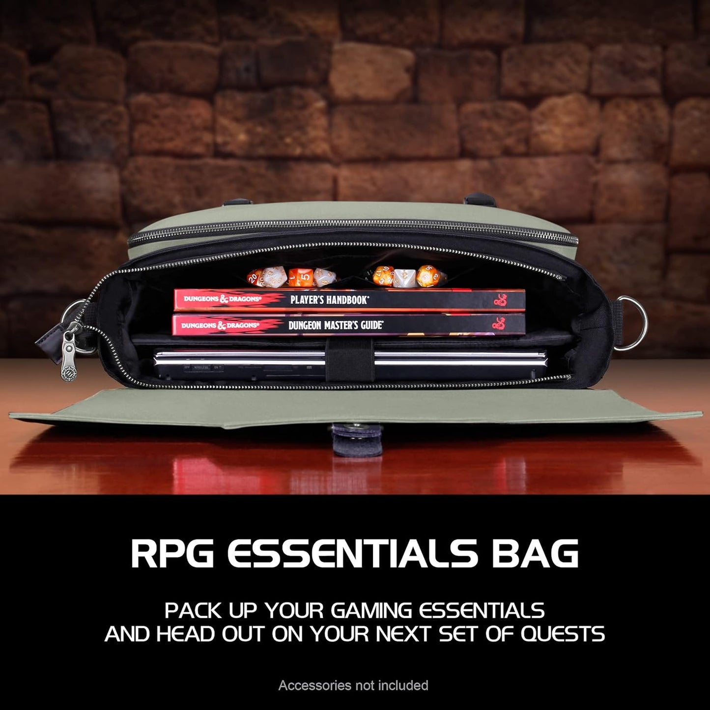 ENHANCE Collector's Edition RPG Player's Essentials DnD Bag - Dragon Hide Exterior Messenger Bag Fits 2-4 Books, Binders, Dice & Accessories, with 17 inch Laptop Slot, Battlemap Straps (Dragon Silver)