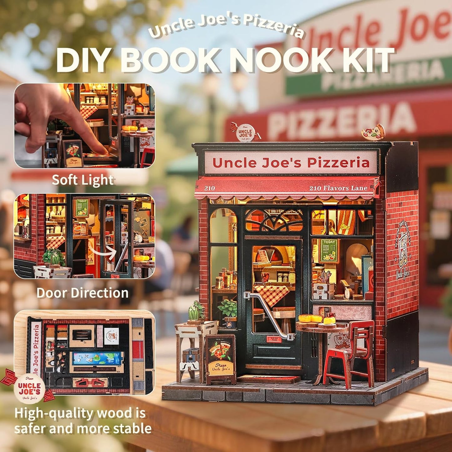 CUTEBEE Book Nook Kit - DIY Miniature House Dollhouse Kit for Adults and Teens, Booknook Tiny House Pizza Shop Bookshelf Decor 3D Wooden Puzzle, Gifts for Family, Friends (Uncle Joe's Pizzeria)
