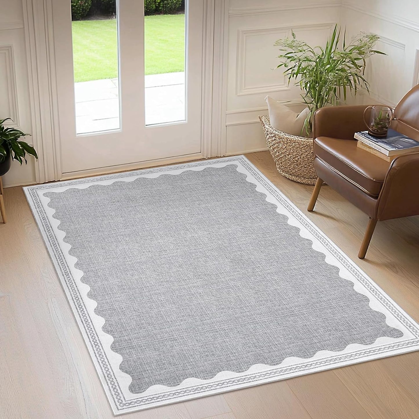 Scalloped Rug 4x6 Rugs for Entryway, Small Area Rugs Solid Grey Rug for Bedroom Girls, 4x6 Washable Rugs for Living Room, Non Slip Scalloped Bath Mat, Soft Dorm Nursery Carpet for Bedside