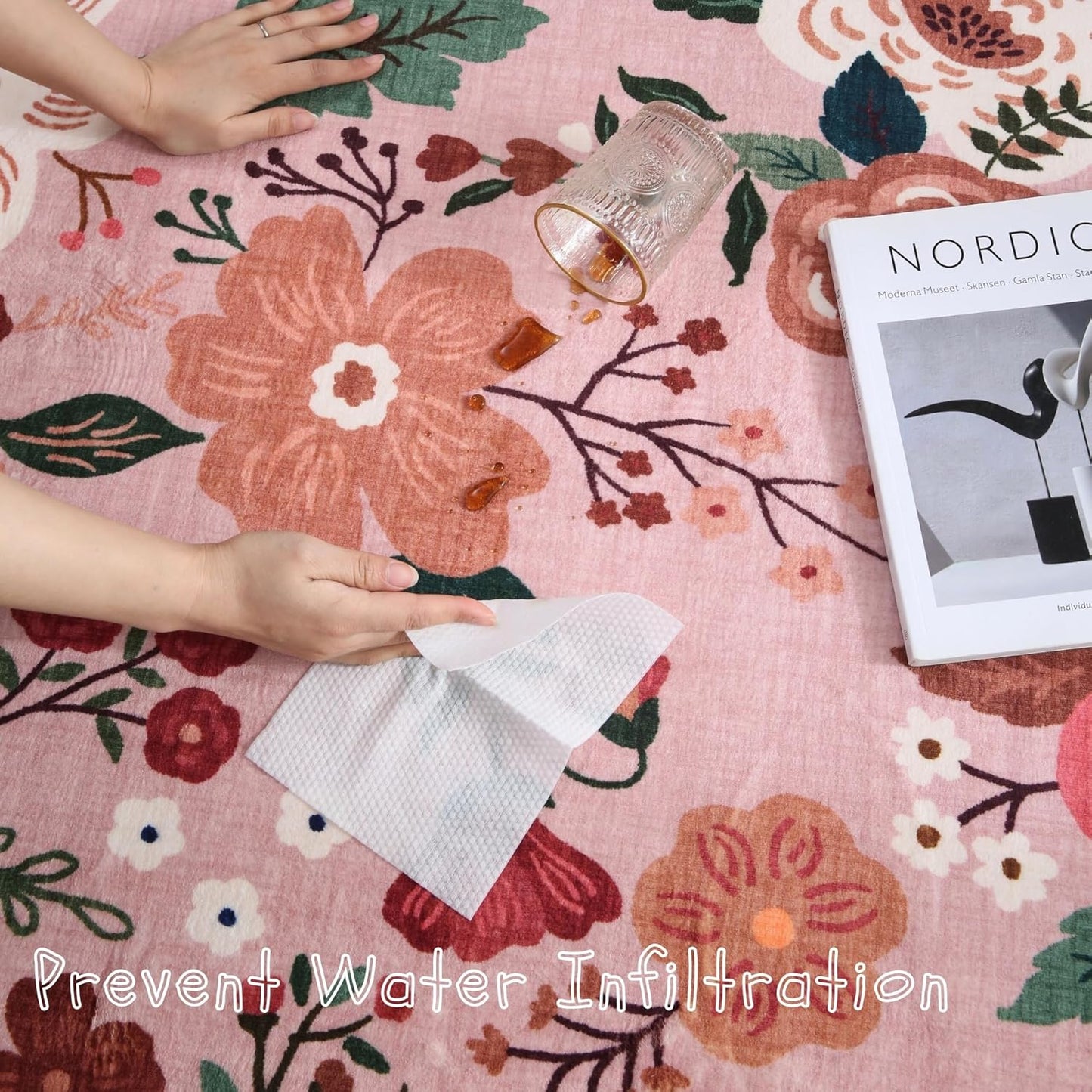 Rugcomf Living Room Rug 6x9 Machine Washable Boho Area Rug Non Slip Floral Vintage Low Pile Large Carpet for Bedroom, Farmhouse, Dining Room, Kids Playroom(Pink)