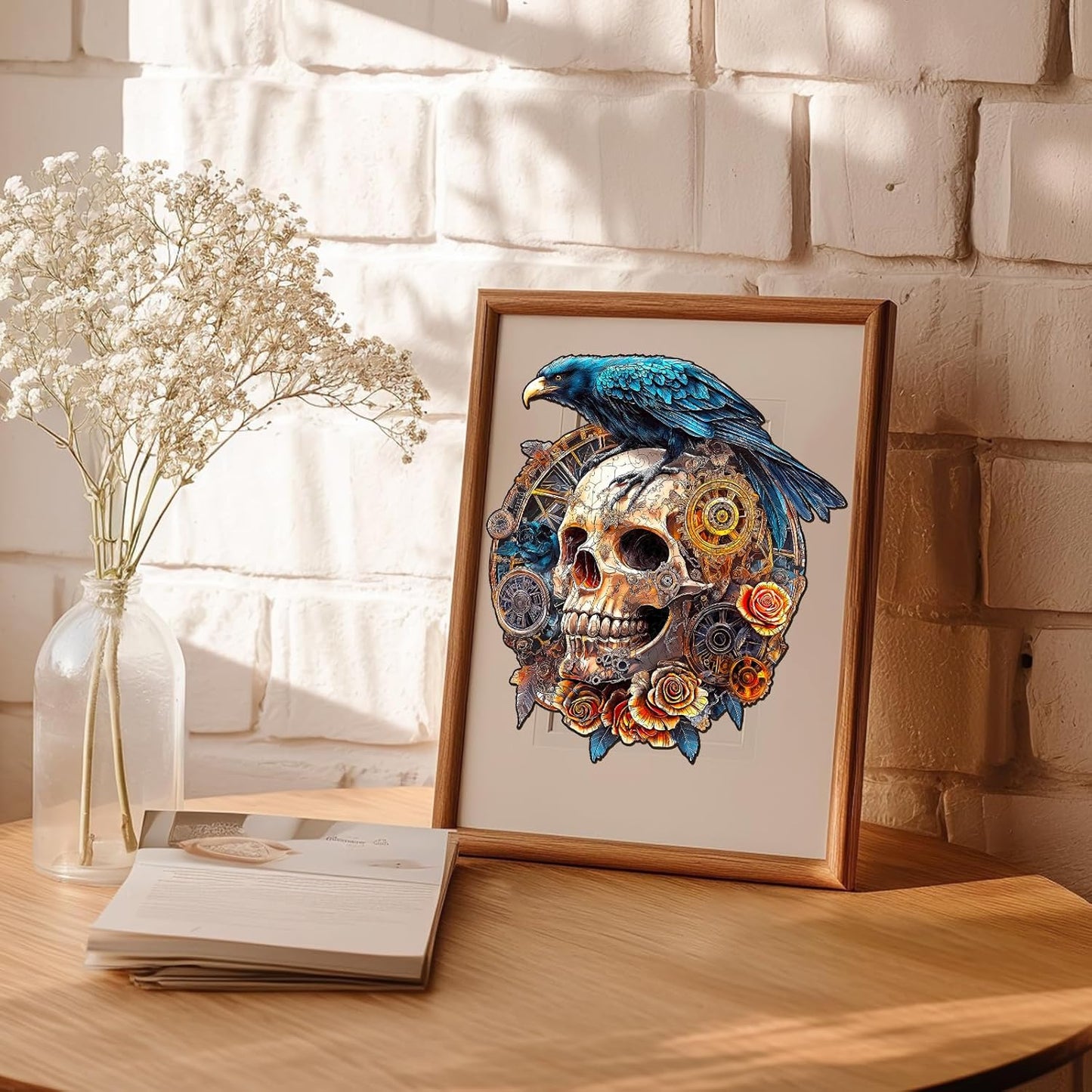 KAAYEE Wooden Puzzles for Adults, Raven & Mechanical Skull Wooden Jigsaw Puzzle 355 PCS Unique Shape Wood Puzzles Adult, 3D Visual Effect Flat Puzzle Birthday Gifts Family Games (XL-17.3 * 15.4in)