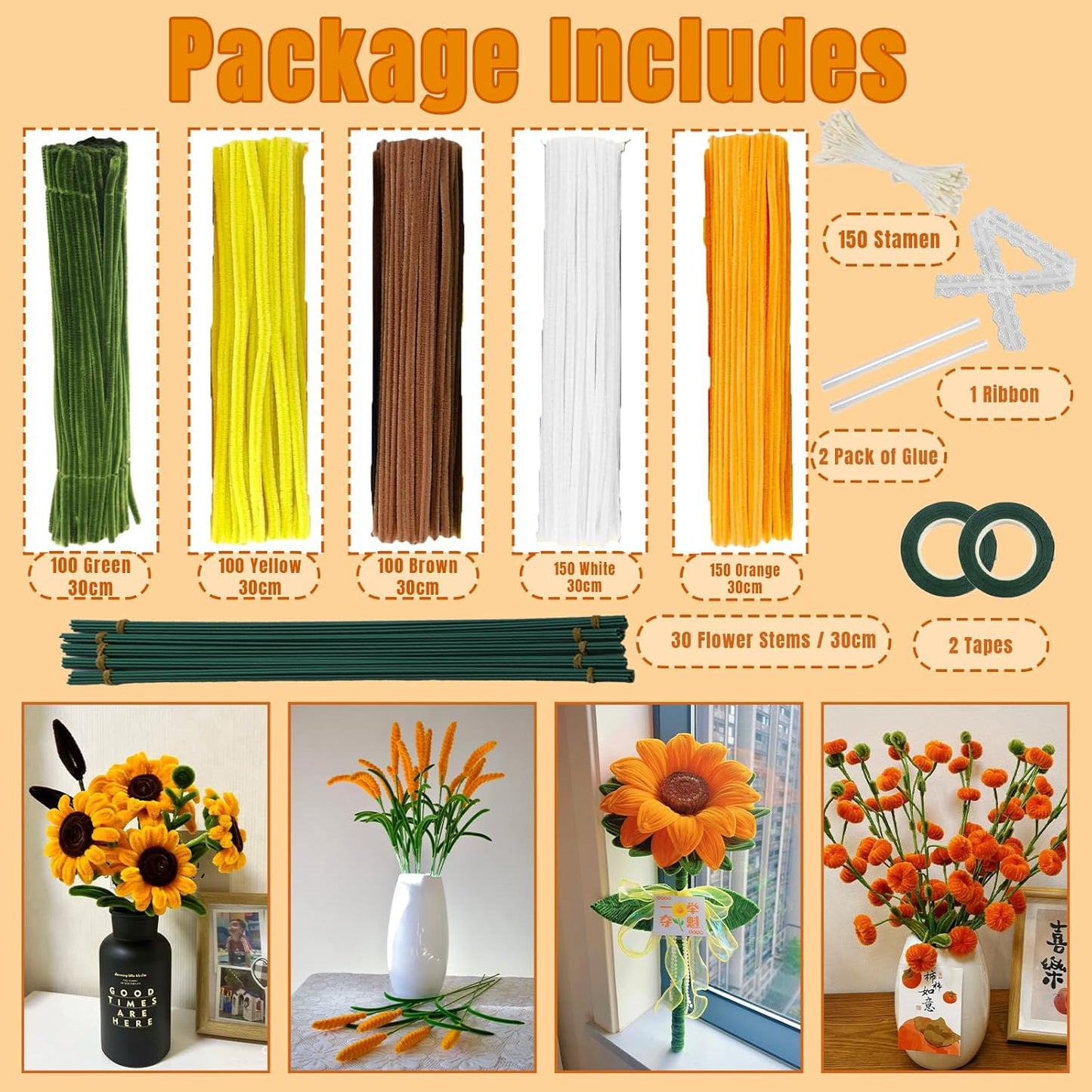 600Pcs Pipe Cleaners Craft,Multiple Assorted Colors Pipe Cleaners Bulk, Chenille Stems for DIY Flower Making Kit with Floral Wires, Gardening Tape,Stamen& Ribbon (Yellow)