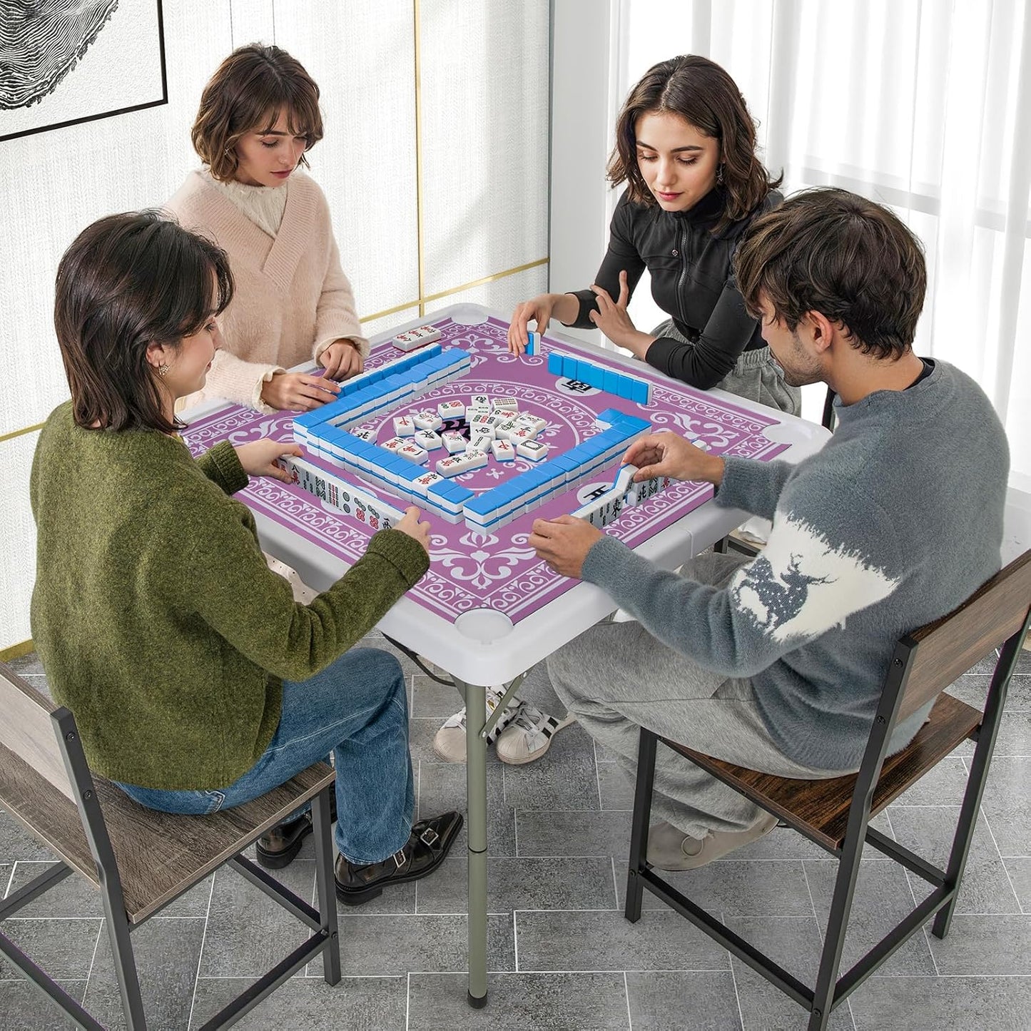 Giantex Folding Mahjong Table, 35" Square Card Table with Cup Holders, Removable Noise Reduction Mat, HDPE Tabletop, 4-Player Portable Domino Tables for Poker Blackjack Board Game (Pink)