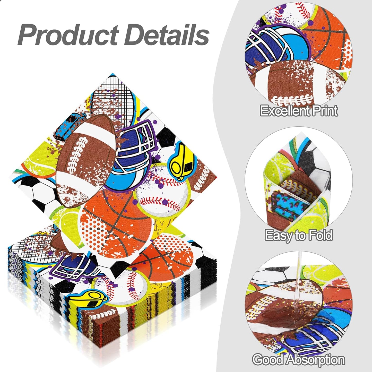 Aodaer 48 Pieces Sports Napkins 13 x 13 Inches Sports Ball Paper Napkins Disposable Sports Pattern Cocktail Napkins for Baseball Basketball Football Soccer Party Supplies, Birthday Party Decorations