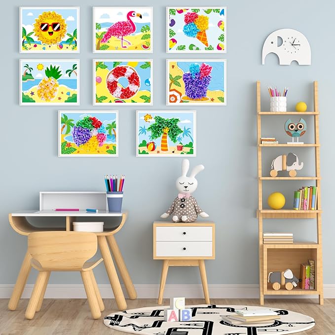 8PCS Poke-in Craft and Art Kit Summer Theme No-Mess Fabric Sewing Art Puzzle Puncture Painting DIY Beach Hawaiian Toy Gift for Creative Activity Game Birthday Party