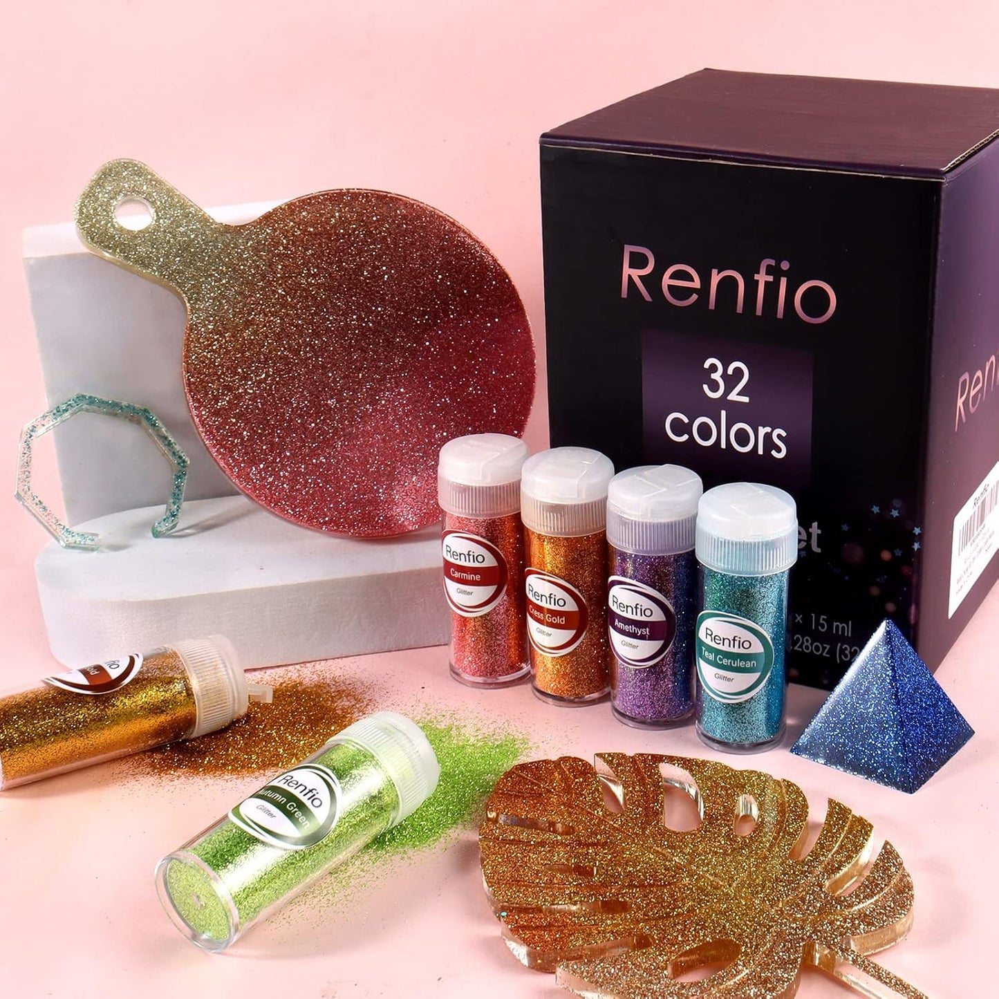 Renfio 32 Colors Glitter Set, 16.93oz 480g Ultra Fine Glitter Powder PET 1/128" 0.008" 0.2mm Resin Suppies Assorted Craft Glitter for Fake Nails, Resin Art, Tumblers, Slime, Hair, Bomb