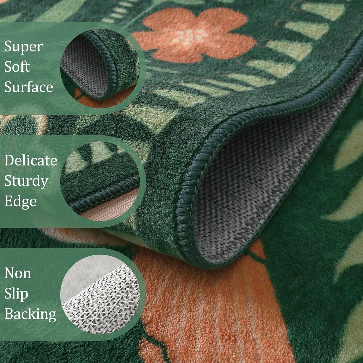 Morebes Washable Rugs 9x12 for Living Room, Large Bird Floral Area Rug Non Slip, Soft Boho Ultra-Thin Insect Carpet for Bedroom Home Office Dining Room Farmhouse, Green