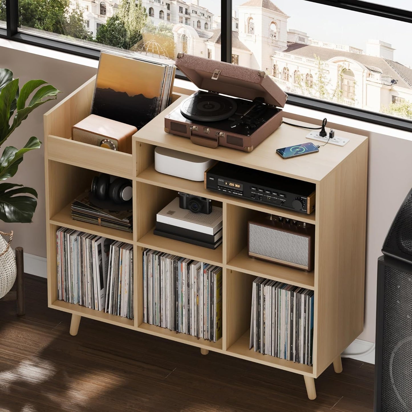 Cozy Castle Large Record Player Stand, Vinyl Storage Cabinet Mid Century Modern Turntable Stand Media Console Table Open Shelf Cube CD Album Holder Organizer for Living Room, Office, Oak