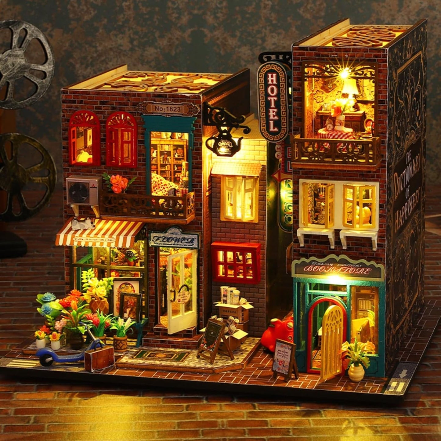 DIY Book Nook Kit - DIY Miniature Dolls House Kit with Furniture and LED Light, 3D Puzzle Wooden Art Bookends, Model Kits for Adults to Build (SCARBROUGH)