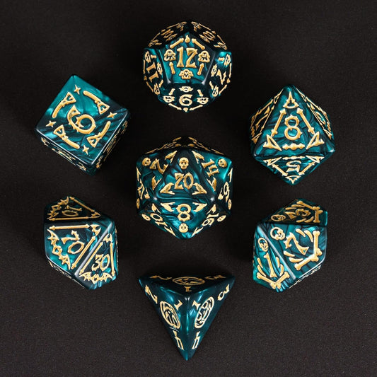 7-Die DND Dice Set Halloween Pattern Polyhedral Die Set with Leather Bag, Skull Dice D&D Die for RPG Table Games (Halloween Pattern-Green)