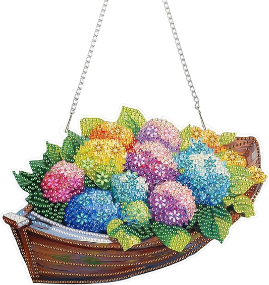 Eiflow Acrylic Diamond Art Hanging Ornament Kit for Adults Hydrangea Flower, DIY Diamonds Painting Door Hanger Board Kit, Special Crystal Diamond Art Painting Pendant