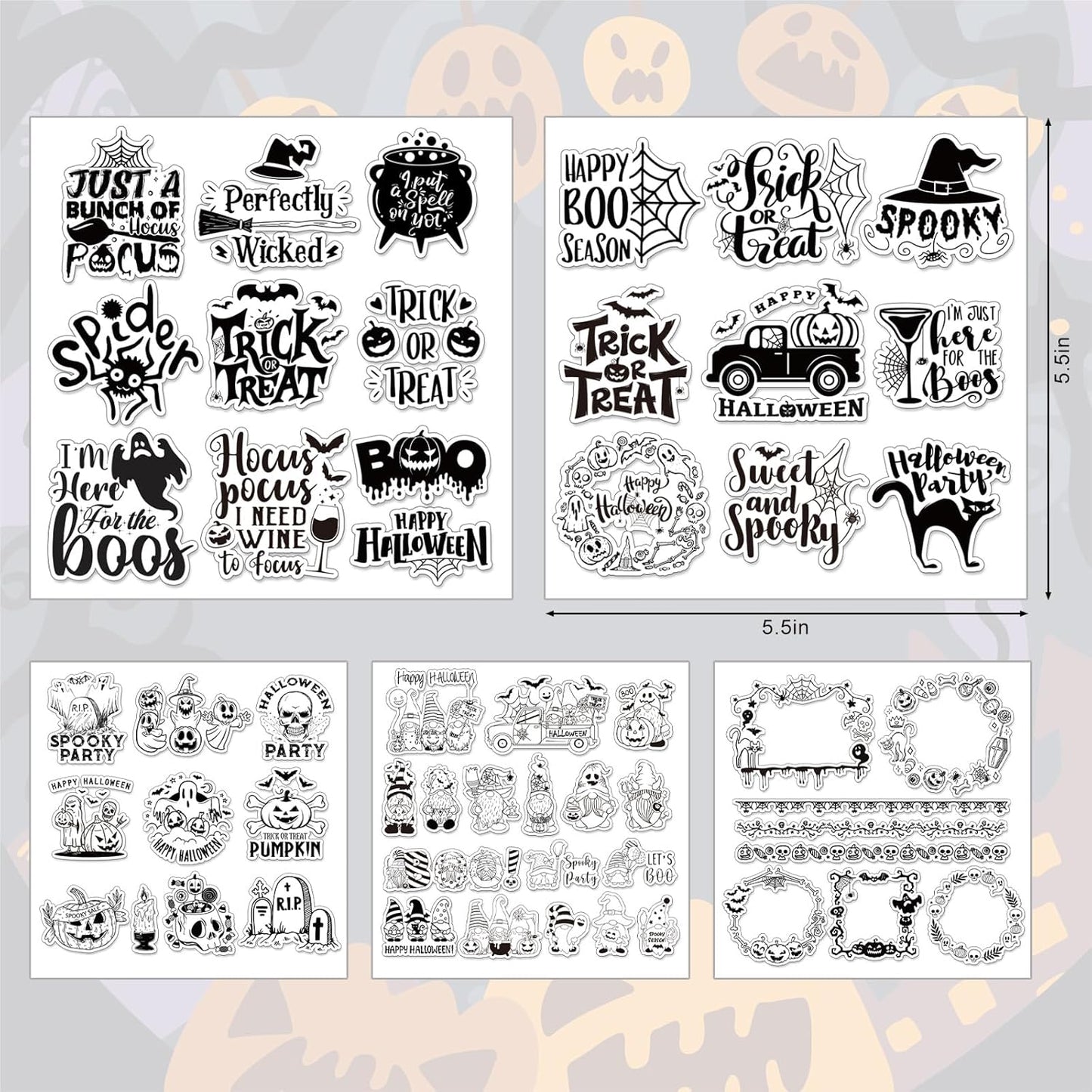 Whaline 5 Sheets Halloween Clear Stamps Gnome Pumpkin Spider Silicone Transparent Stamps Trick or Treat Border Stamp Cards for DIY Card Making Scrapbooking Embossing Album Decor