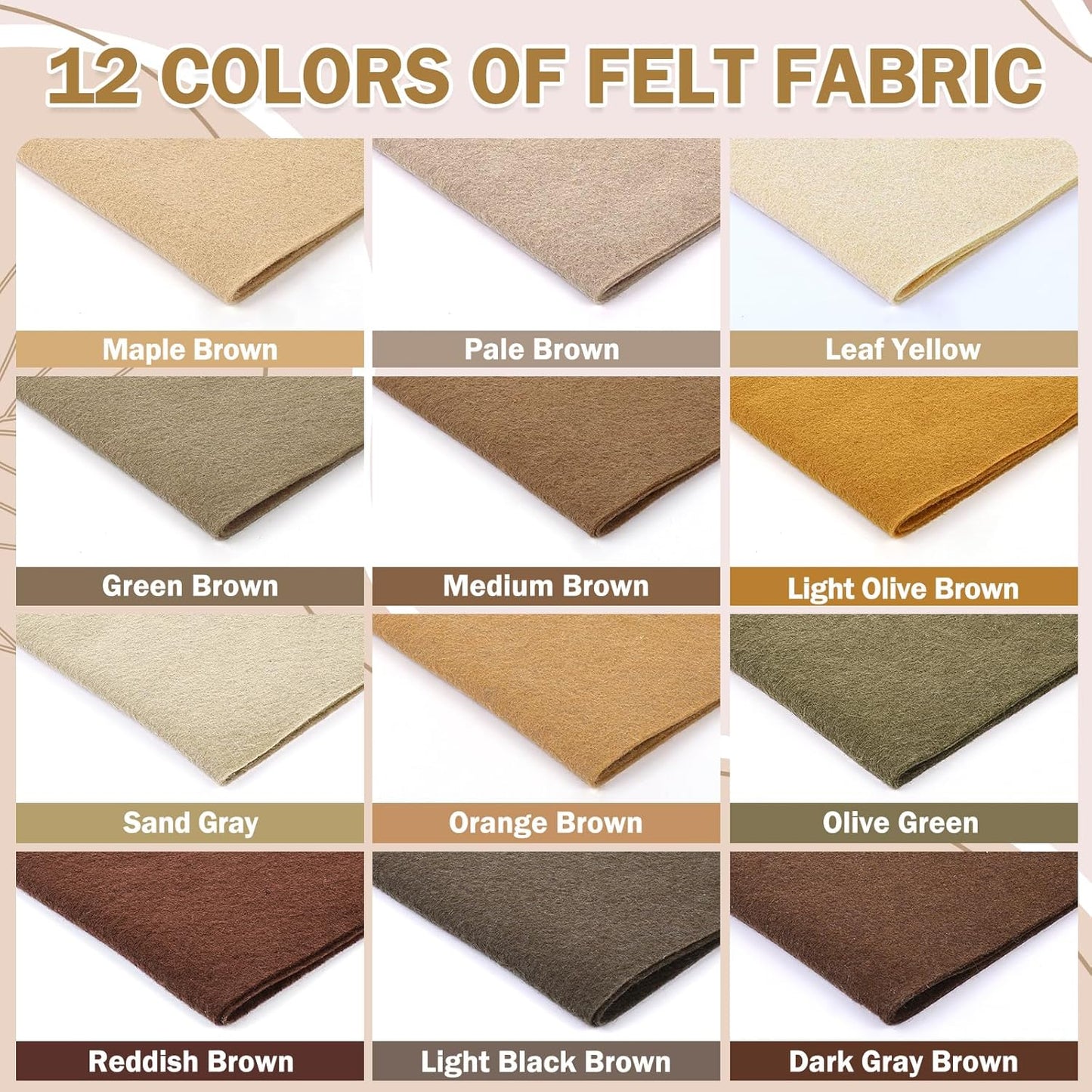 12 Rolls 8"x35"(20.5x90cm) 1.4mm Thick Soft Felt Fabric Sheet 12 Assorted Brown Tone Series Colors Felt Pack for DIY Craft Sewing Squares Nonwoven Patchwork