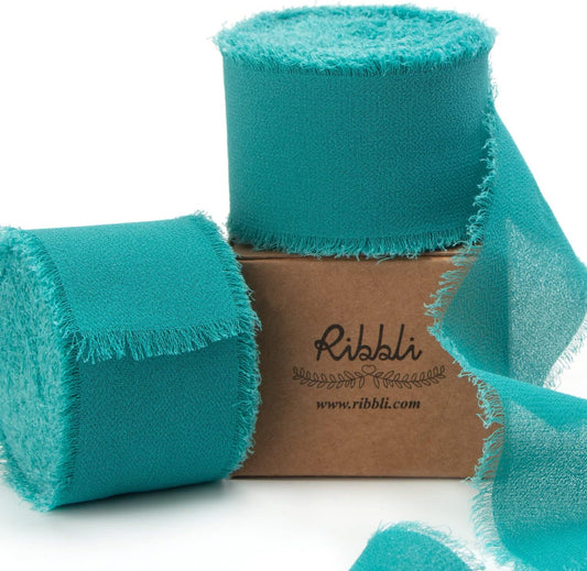 Ribbli Teal Chiffon Silk Ribbon - 1-1/2 inch x 20 Yard Handmade Fringe, Perfect for Weddings, Home Decor