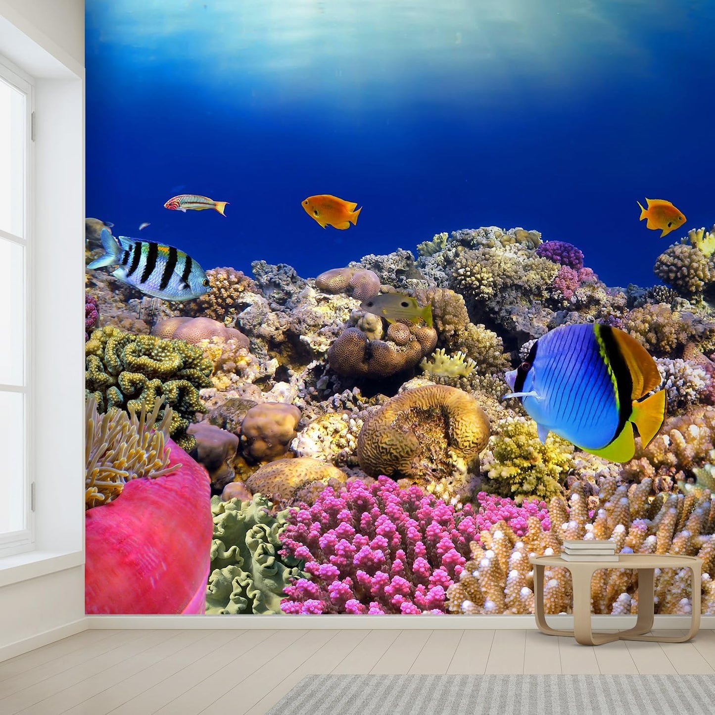 wall26 Wall Sticker/Wall Mural Tropical Blue Fish Coral Reef Ocean Seascape Nature Wilderness, Not Peel and Stick, Non-Woven Wallpaper Decorative for Bedroom, Living Room, Office - 96x120 inches