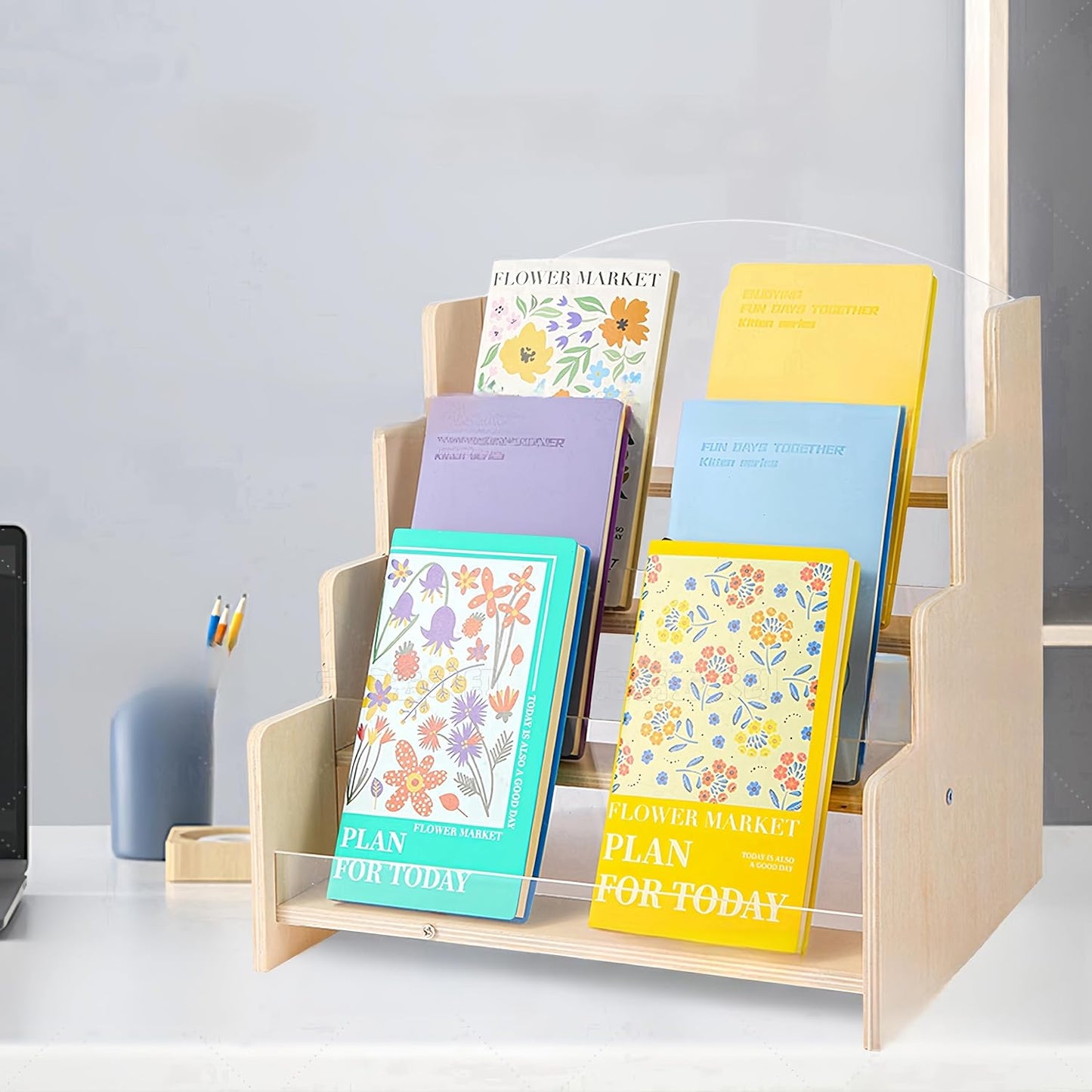 Greeting Card Display Stand , Acrylic Sticker Display Holder for Vendors, Counter Retail Display Rack , 4-Tiered Wooden/Acrylic Display stand for postcard /Brochure/Photos/Picture