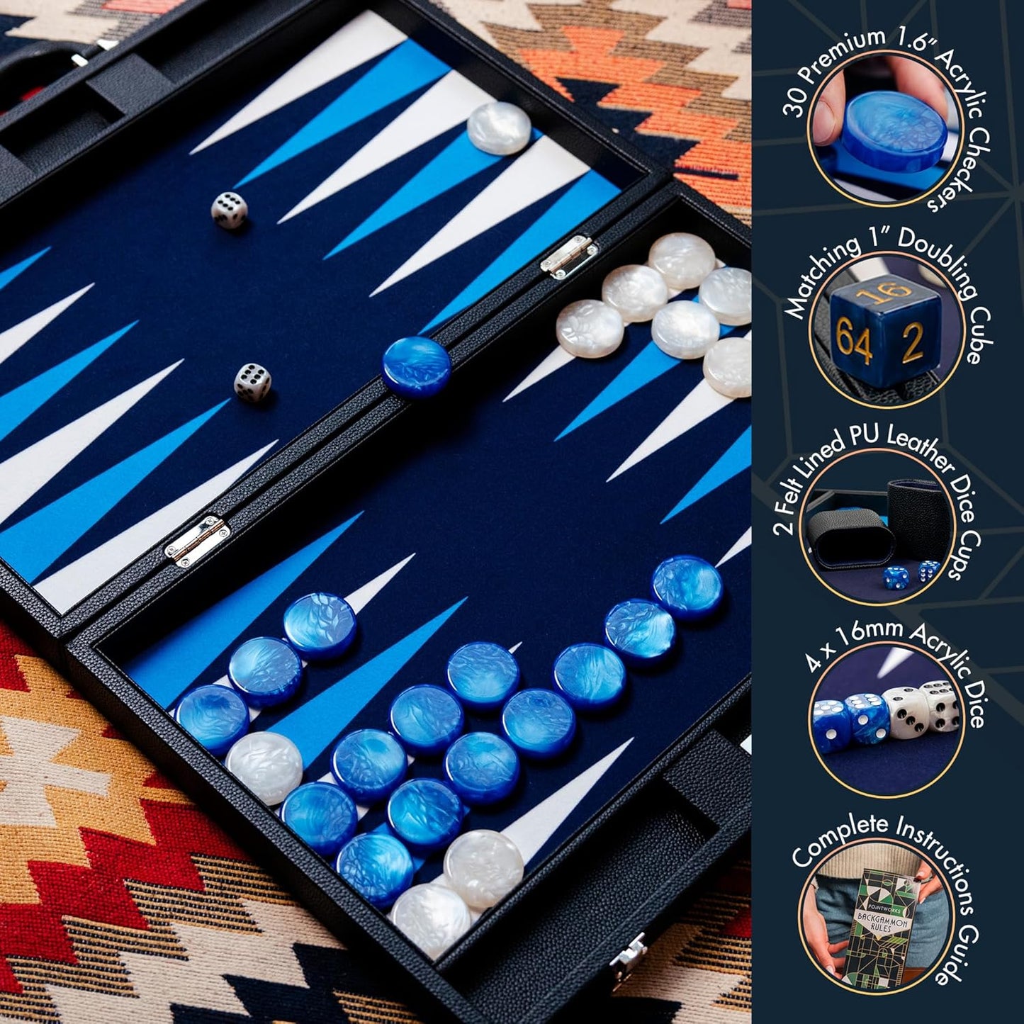 19 Inch Premium Backgammon Sets for Adults Leather Black - Blue. Premium 1.6 Inch Checkers & Dice Set, Travel Backgammon Set, Large, Backgammon Board Game, Backgammon Game Set