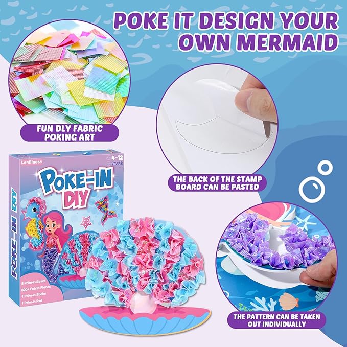8PCS Poke-in Craft and Art Kit Mermaid Theme No-Mess Fabric Sewing Art Puzzle Puncture Painting DIY Ocean Sea Animals Toy Gifts for Activity Game Birthday Party
