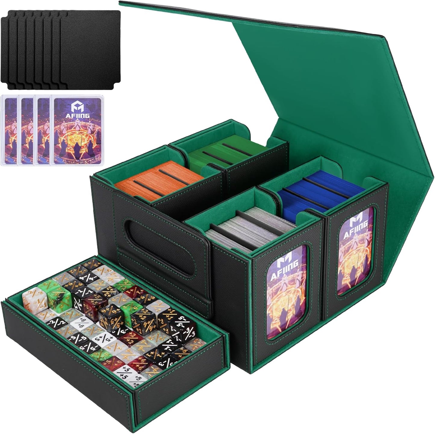 AFIING Commander Deck Box for MTG/EDH, Fits 400+ Double-Sleeved Cards, with Display Window, 4 Removable Deck Cases, Dividers, Dice Tray & Handle, Card Holders for TCG (Black Green)