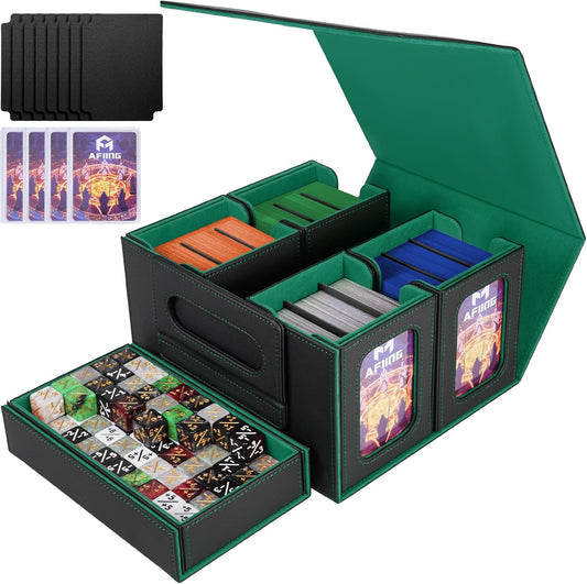 AFIING Commander Deck Box for MTG/EDH, Fits 400+ Double-Sleeved Cards, with Display Window, 4 Removable Deck Cases, Dividers, Dice Tray & Handle, Card Holders for TCG (Black Green)