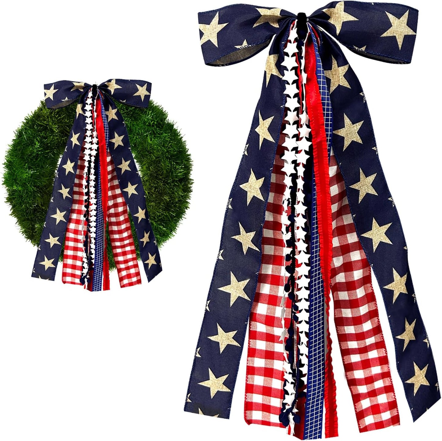 Large Patriotic Star Ribbon Bow for Wreath, Red White Buffalo Plaid Fabric Ribbons Set Assorted Lace Ribbon 4th of July Clip-On Wreath Sash Ribbons Bundle for Patriotic Indoor Outdoor Decor