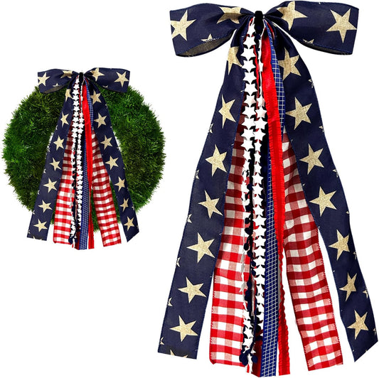 Large Patriotic Star Ribbon Bow for Wreath, Red White Buffalo Plaid Fabric Ribbons Set Assorted Lace Ribbon 4th of July Clip-On Wreath Sash Ribbons Bundle for Patriotic Indoor Outdoor Decor
