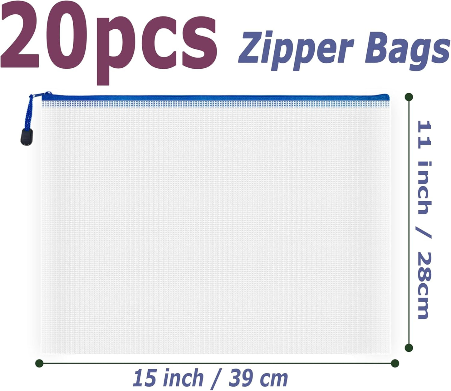 AUSTARK 20 Pcs Zipper File Bags, Plastic Mesh Pouch, Board Game Storage Bag, Waterproof Bags for Office School (B4 Size 15''x11'', White and Blue)