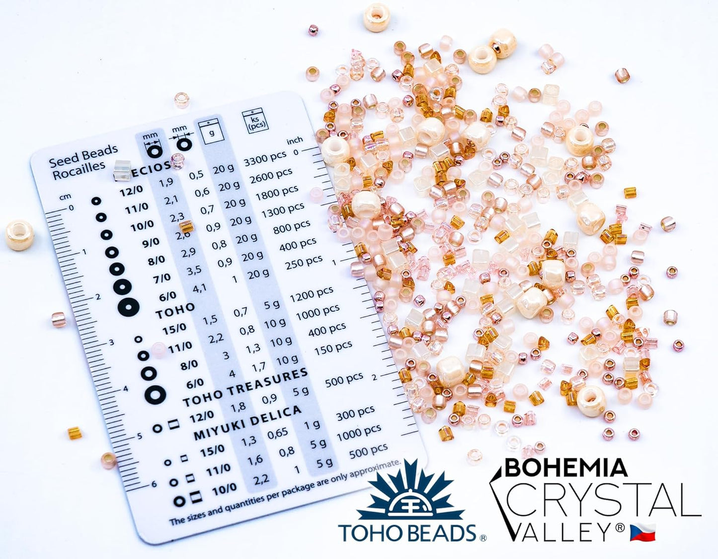 Bohemia Crystal Valley Czech Glass Beads & Japaneese TOHO Seed for Jewelry Making Set - 4 Gentle Distinct Colors Beads: Table Cut Flowers, Fire Polished Faceted 4mm, 2X Rocailles Mix Teal Pink Beige