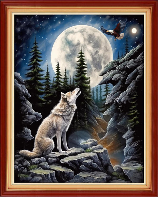 Funchey Stamped Cross Stitch Kits, DIY Cross Stitch Pattern for Adults Beginners Needlepoint Kits Embroidery Kit Arts and Crafts 11CT-Moon Wolf 16x20 inch