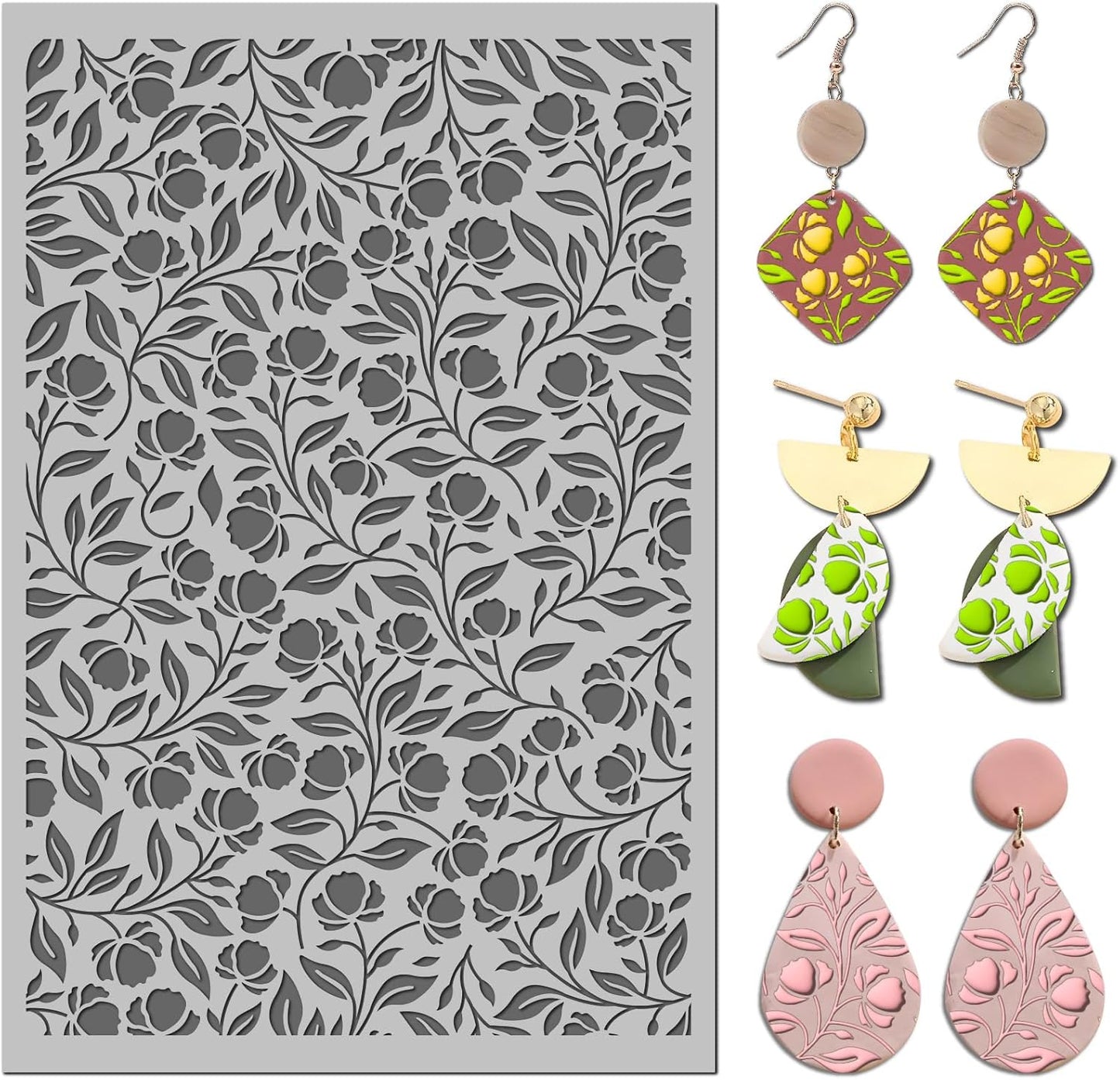 Arbuya Floral Blossom Polymer Clay Texture Mat - Flowers Leaves Leaves Texture Sheet for Polymer Clay Jewelry Making, Earring Charms, DIY Craft Supplies