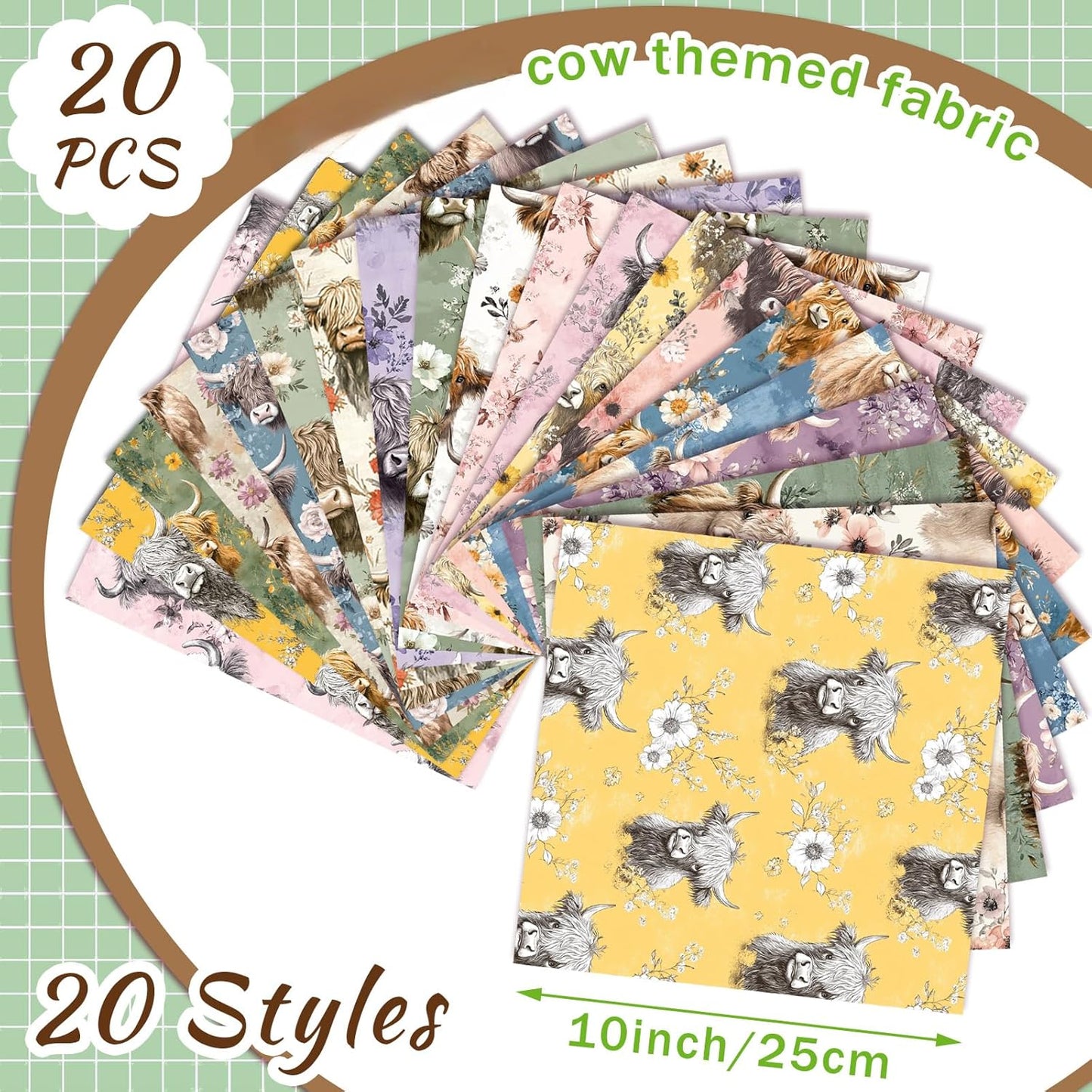Ganeen 60 Pcs 10 x 10 Inch Highland Cow Quilting Fabric Squares Vintage Highland Cow Fat Patchwork Precut Strips Retro Multicolor Fabric Bundles for Holiday DIY Craft Sewing Quilt Material Handmade