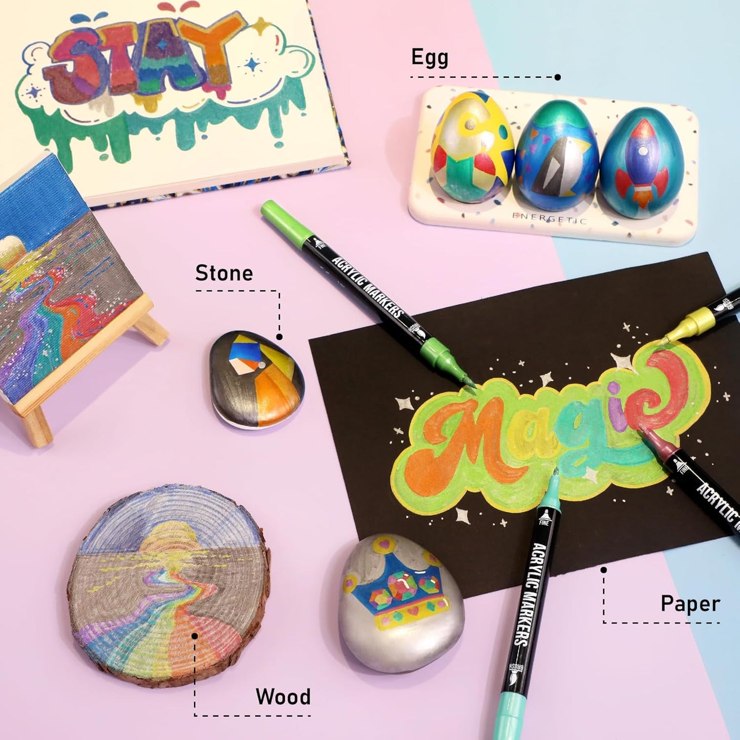 24 Metallic Colors Acrylic Paint Markers, Dual Tip with Fine Tip and Brush Tip Pens for Stone, Wood, Calligraphy, Canvas, Ceramic, Metal, Glass, Rock Painting, DIY Crafts