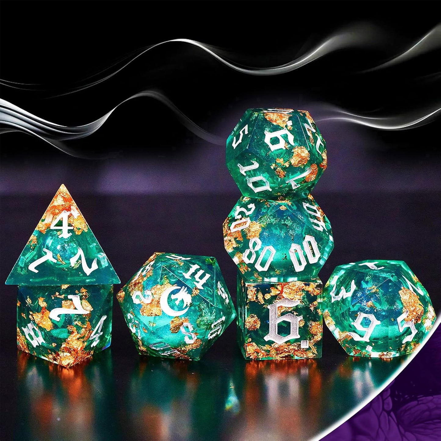 The Green Moon of Mystery Liquid Core DND Dice Set – Unique Resin Dice Set for Dungeons & Dragons – Galaxy Moon Dice for D&D Gifts