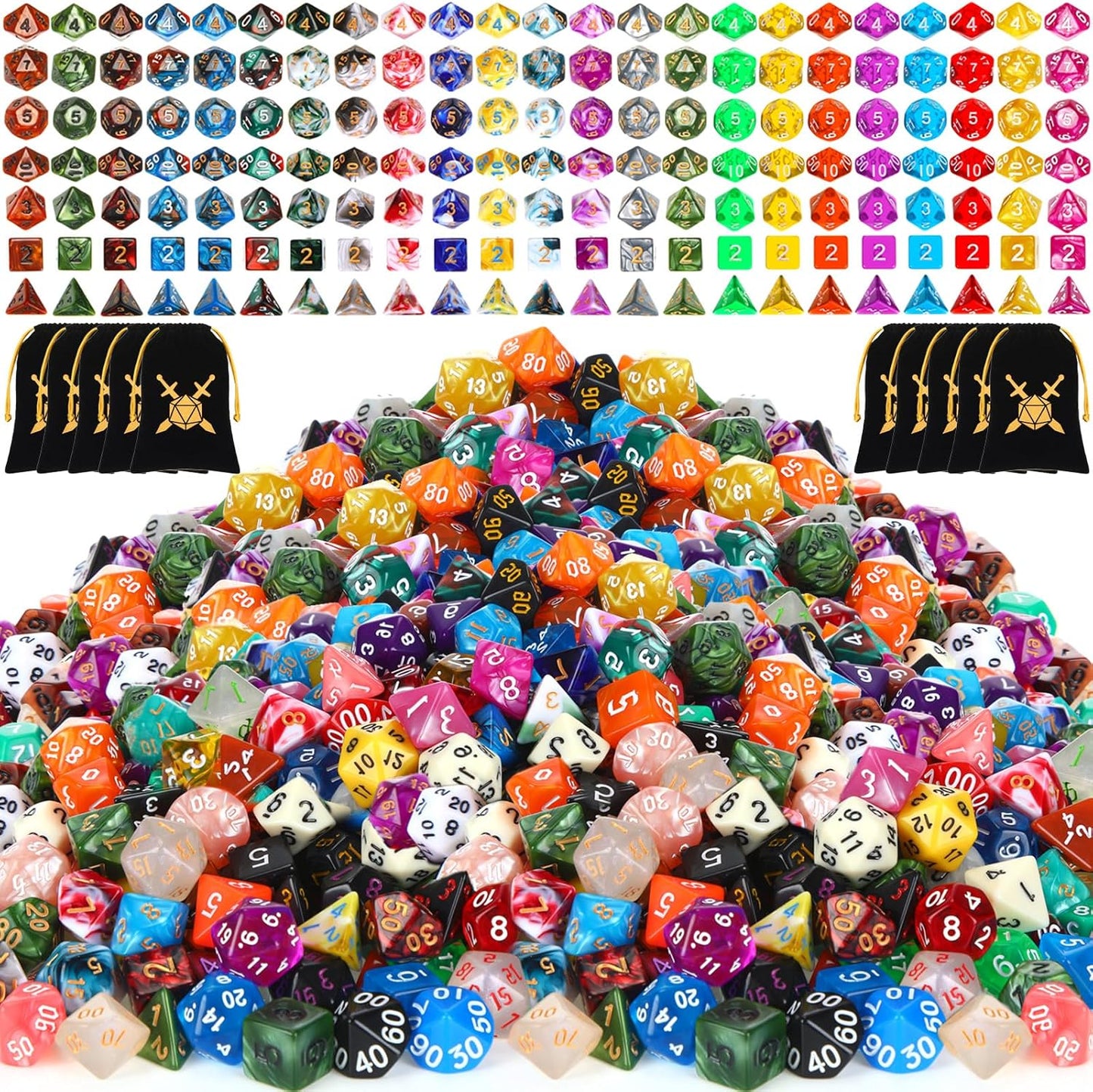 Yilloog Compatible with Dice Sets Bulk Polyhedral Dice with Drawstring Bag Multi Role Playing Table Game D4 D6 D8 D10 D% D12 D20 (418 Pcs,Assorted Style)