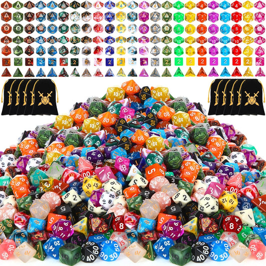 Yilloog 700 Pcs Compatible with DND Dice Sets Bulk Polyhedral Dice with Drawstring Bag Dice Multi Role Playing Table Game D4 D6 D8 D10 D% D12 D20 Compatible with Dungeons and Dragons (Assorted Style)