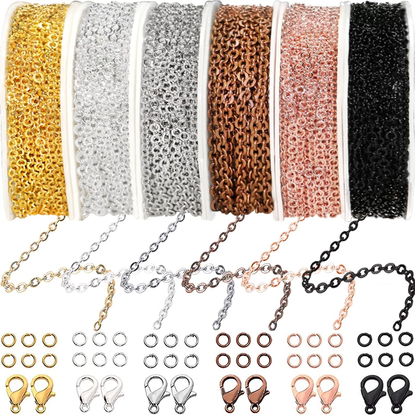 Jishi 60ft Jewelry Necklace Chains 2mm Jewelry Chain Links for Making Bracelets Earrings DIY Craft Supplies Findings, 6-Colors Gold Silver Copper Plated Metal Cable Rolo Link Chain Rolls Bulk