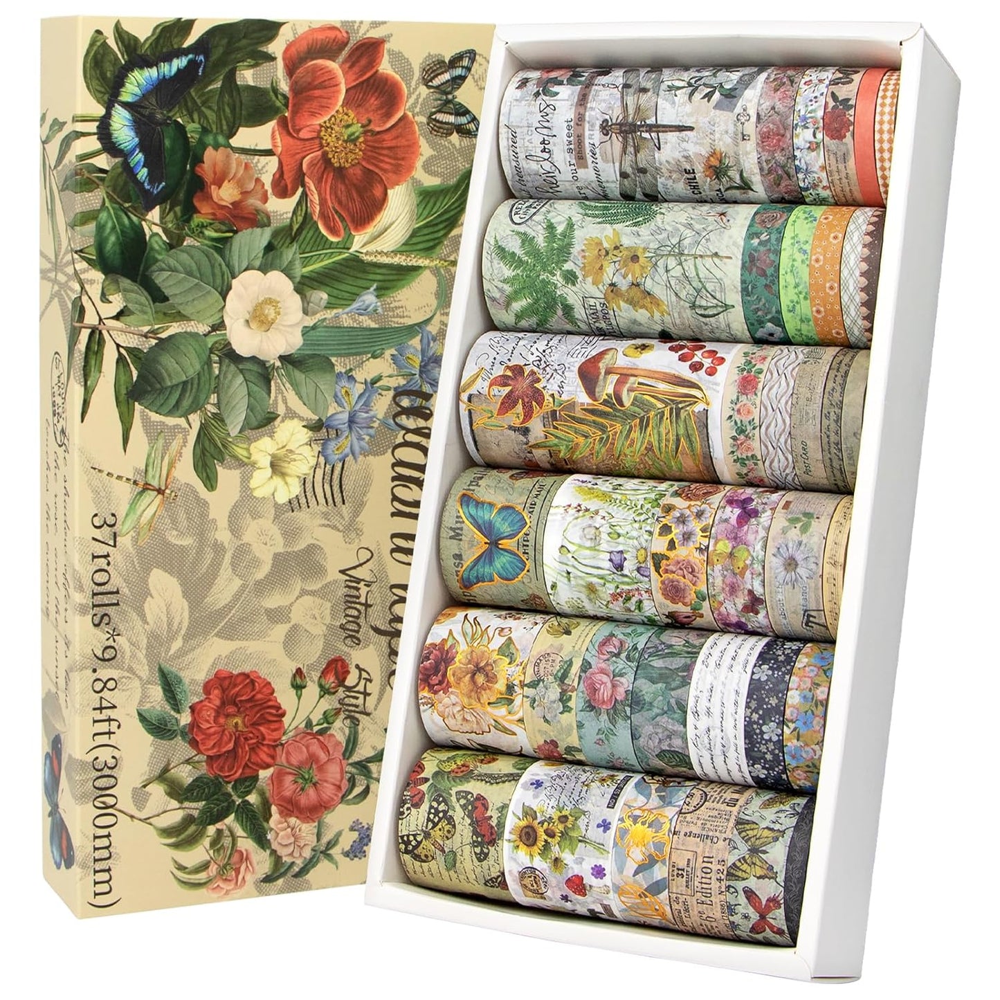 37 Rolls Vintage Washi Tape Set - Decorative Tape Floral Butterfly Mushroom Botanical,Adhesive Tape for Journaling Supplies,Scrapbooking,Junk Journal Supplies5/8/10/15/30/75mm Wide9.84ft Long/Roll