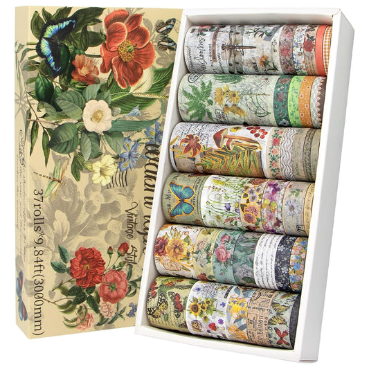 37 Rolls Vintage Washi Tape Set - Decorative Tape Floral Butterfly Mushroom Botanical,Adhesive Tape for Journaling Supplies,Scrapbooking,Junk Journal Supplies5/8/10/15/30/75mm Wide9.84ft Long/Roll