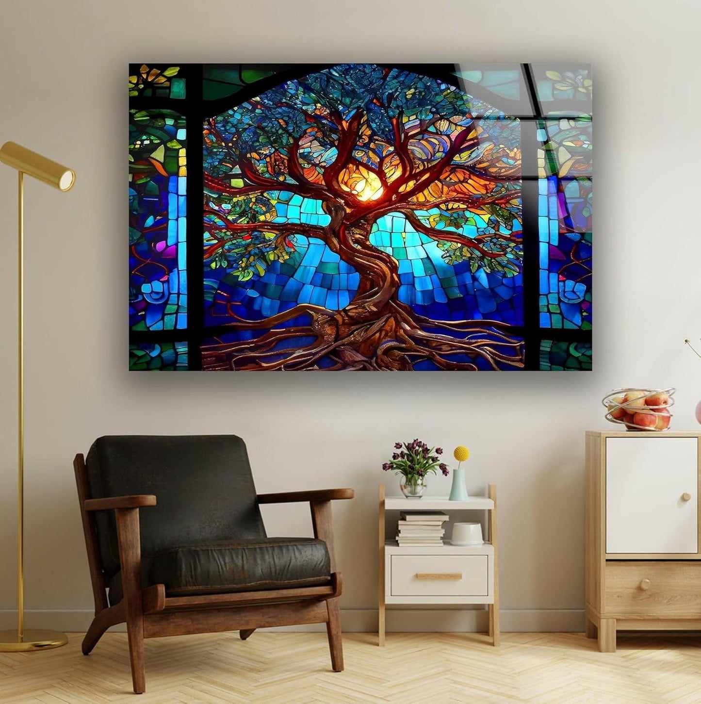 My Photostation.com 35.5Wx30H'' Stained Blue Life of Tree Glass Wall ArtTempered Glass Printing Wall Decor Large Wall Art Wall Hangings