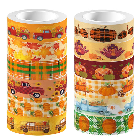 12 Pcs Thanksgiving Print Masking Tape Fall Maple Leaf Washi Tape Pumpkin Pattern Decorative Paper Sticker for Fall Party Holiday Scrapbook DIY Craft Gift Wrapping Handbook Sticker