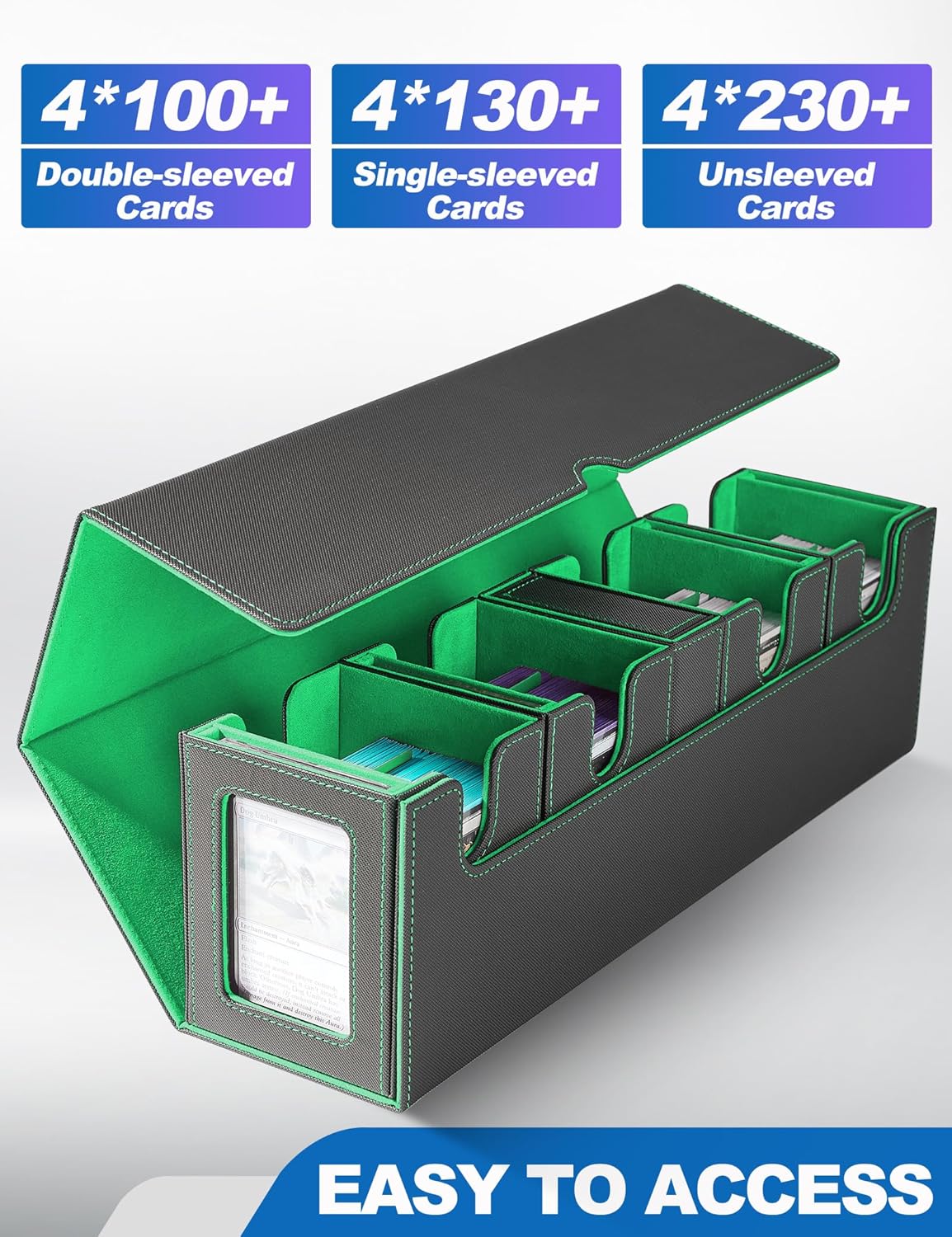 Card Deck Box for MTG with Commander Display, 5 in 1 Card Deck Case Holds 800+ Unsleeved Cards, Strong Magnet Organizer Compatible with Yugioh TCG Sports Cards (Black&Green)