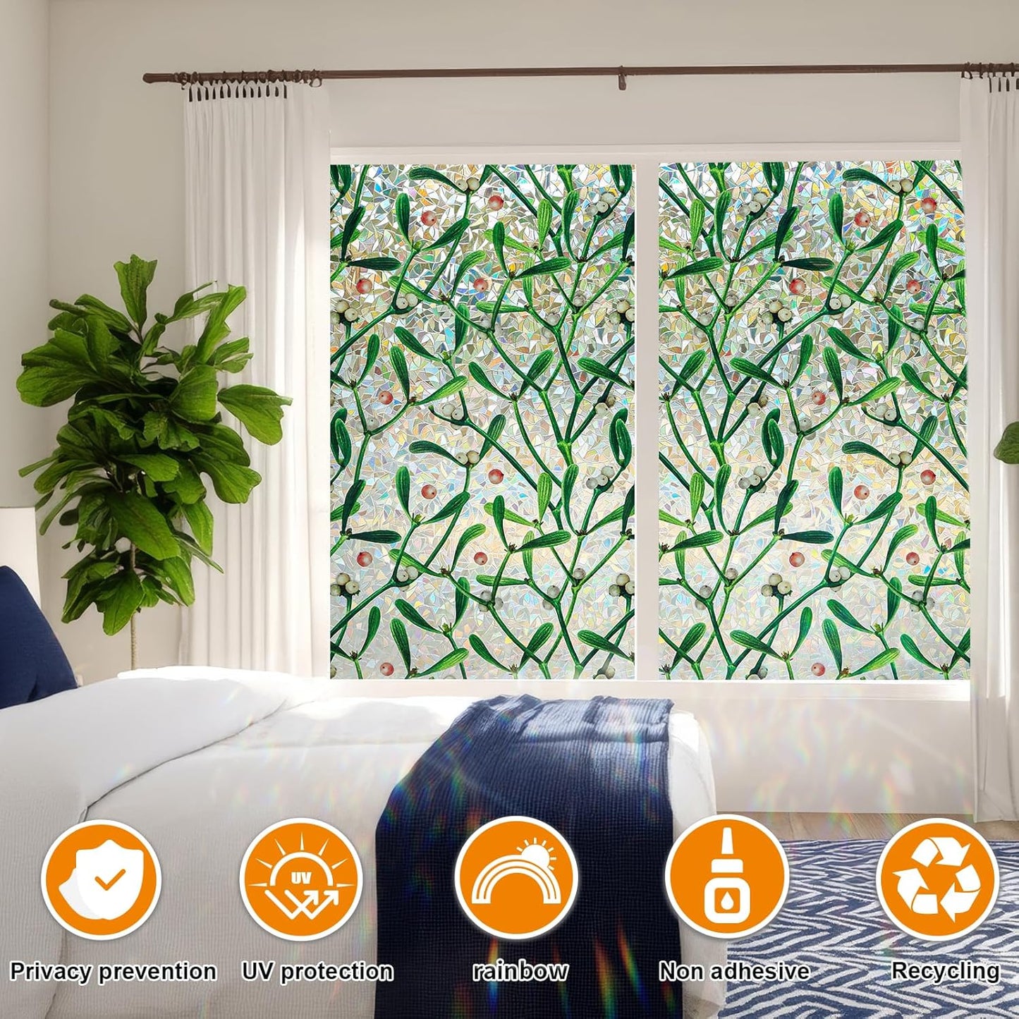 Window Privacy Film Stain Glass Window Film Rainbow Window Film Window clings Non-Adhesive Reusable Decorative for Room (Mistletoe Rainbow, 23.6 x 78.7 in)